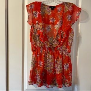 Women Misses Juniors Forever 21 Large Floral Orange Gathered Waist Sheer Top